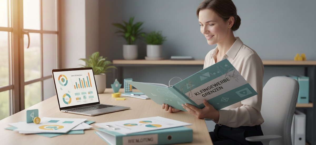 Frau im Büro mit Laptop, Auswertungen und Ordnern bei der Prüfung von Voraussetzungen und Grenzen für ein Kleingewerbe