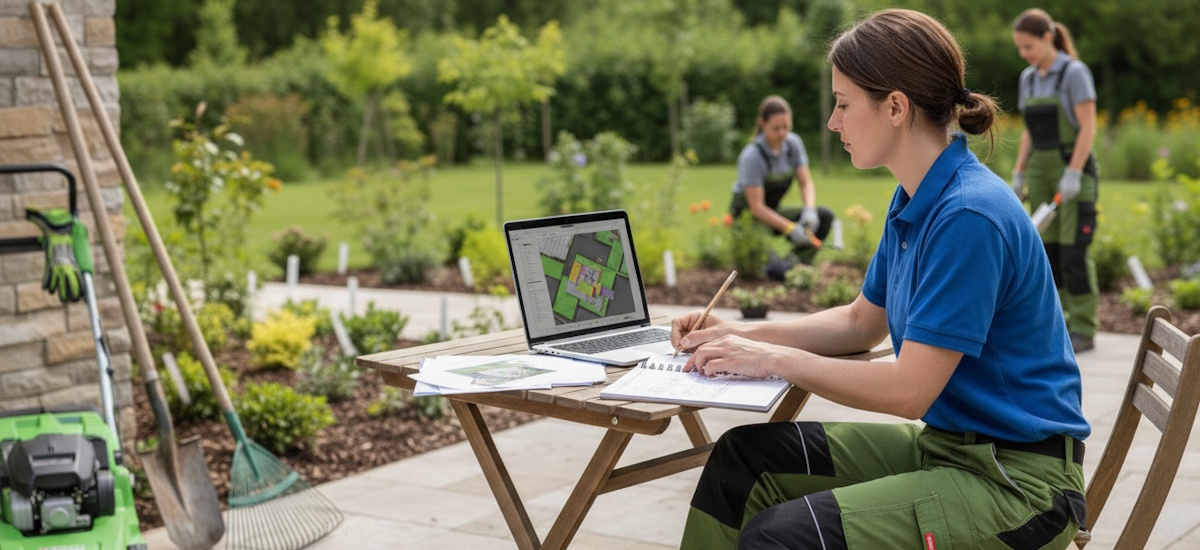 Frau im Garten- und Landschaftsbau plant am Laptop und mit Unterlagen den Start eines Kleingewerbes im Außenbereich