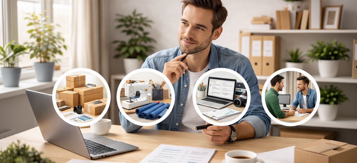 Mann im Homeoffice mit Laptop und vier Bildsymbolen für Versand, Handwerk, digitale Arbeit und Beratung bei der Planung eines Kleingewerbes