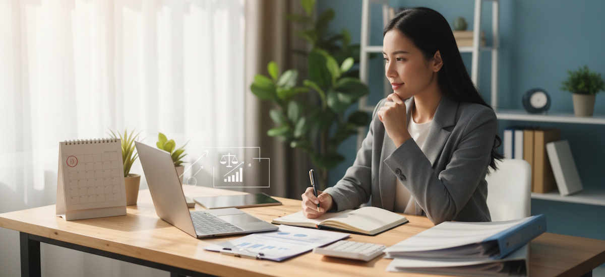 Frau am Schreibtisch mit Laptop, Unterlagen und Notizbuch bei der Planung eines Kleingewerbes in einem modernen Büro