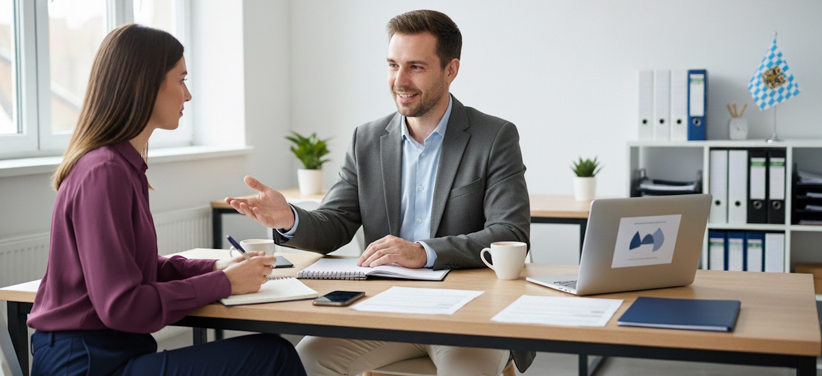 Beratungsgespräch im Büro zur Kleingewerbeanmeldung in Bayern mit Unterlagen, Laptop und Notizen am Schreibtisch