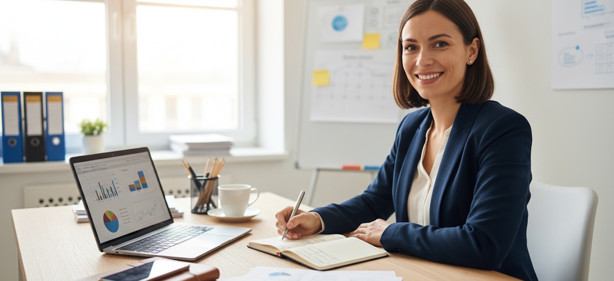 Frau im Büro mit Laptop, Notizbuch und Auswertungen bei der Planung für den Schritt in die Selbstständigkeit mit Kleingewerbe