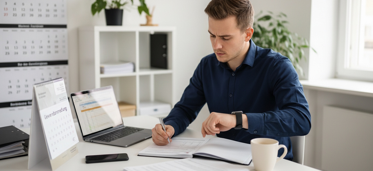 Mann am Schreibtisch mit Formularen, Laptop und Kalender bei der Planung der Dauer einer Gewerbeanmeldung