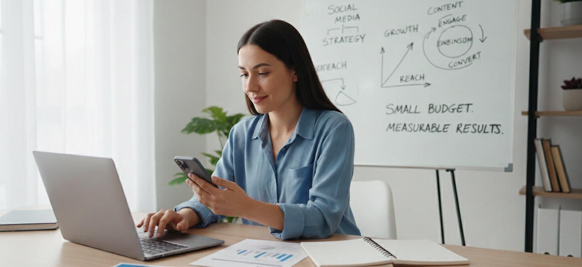 Frau im Homeoffice erstellt Werbeinhalte auf Laptop und Smartphone, während im Hintergrund ein Whiteboard mit Marketingstrategie und Wachstumsskizzen zu sehen ist.