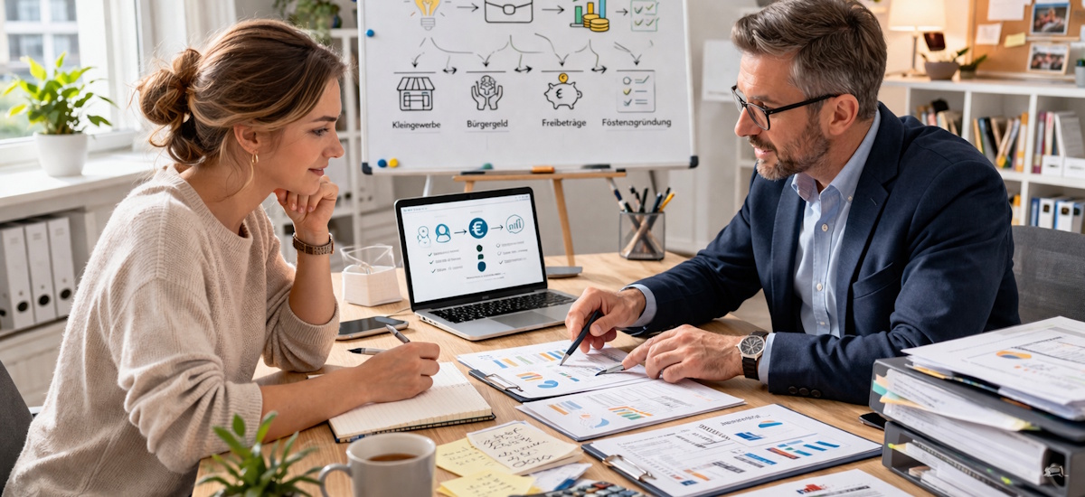 Beratungsgespräch zwischen Gründerin und Berater mit Unterlagen, Laptop und Finanzübersichten zur Kombination von Kleingewerbe und Bürgergeld.