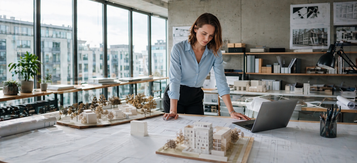 Freiberufliche Architektin arbeitet in modernem Büro an Bauplänen, Architekturmodellen und Laptop.