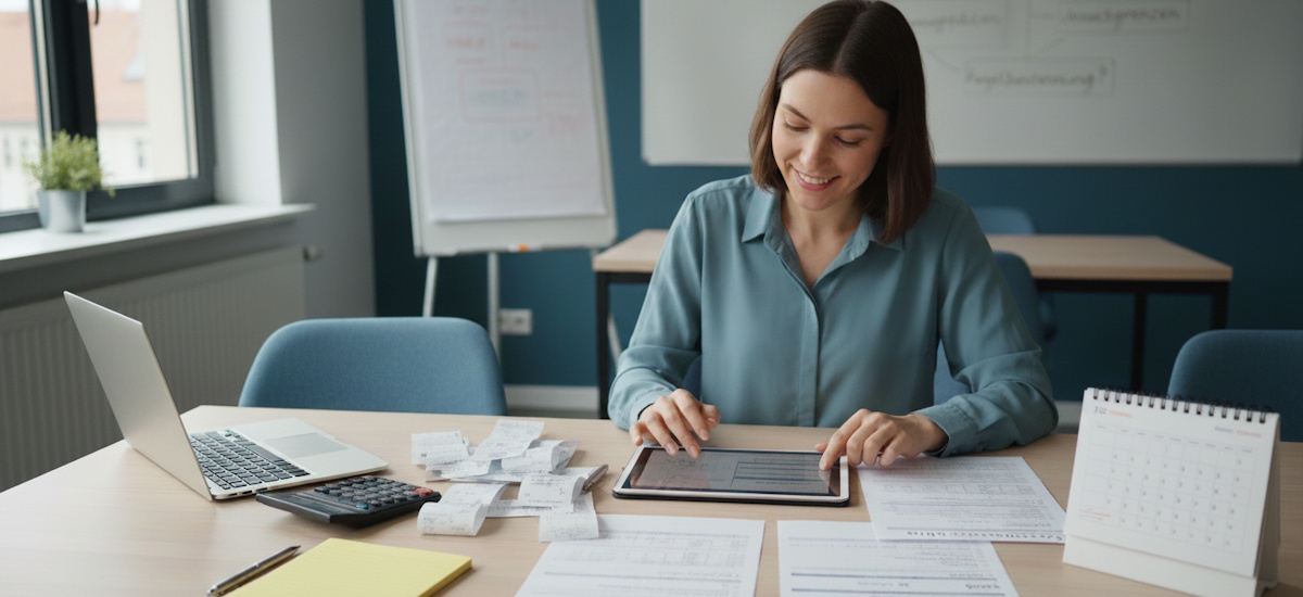 Kleinunternehmer Steuer 2026 mit Unterlagen, Tablet, Belegen und Kalender zur Prüfung von Pflichten und Regelungen.