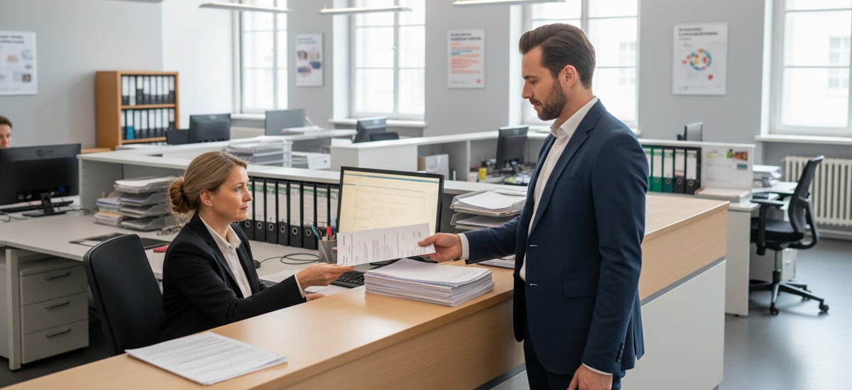Unternehmer übergibt Unterlagen an eine Sachbearbeiterin in einem modernen Büro.