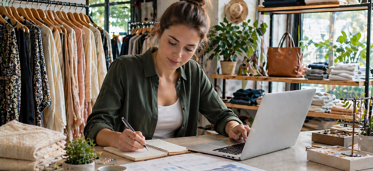 Junge Kleinunternehmerin arbeitet in einem kleinen Modegeschäft am Laptop und macht Notizen.