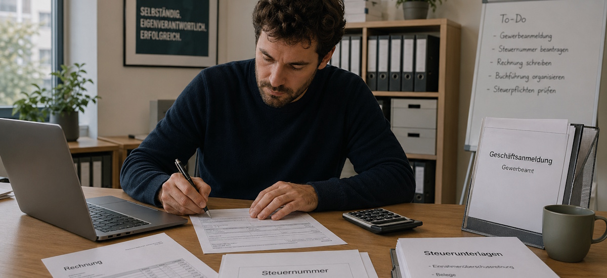 Steuernummer Kleingewerbe: Gründer füllt im Büro Formulare für Finanzamt, Rechnung und Gewerbeanmeldung aus