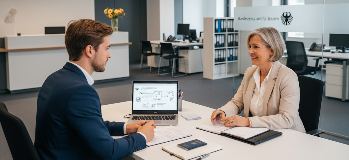 Beratungsgespräch im Bundeszentralamt für Steuern zur Beantragung einer USt-ID für Kleinunternehmer.