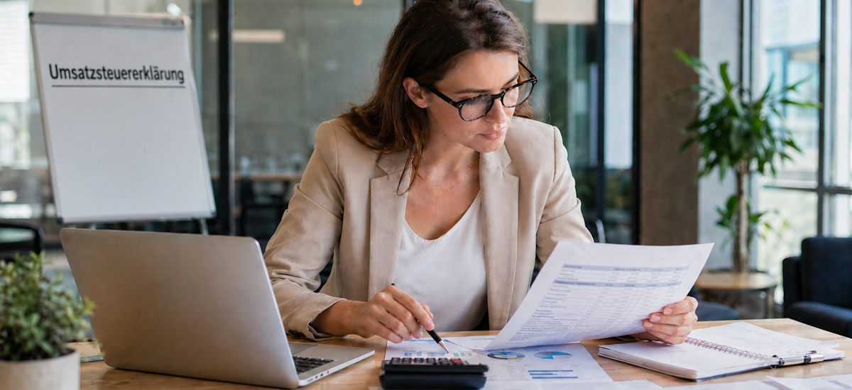 Geschäftsfrau prüft Unterlagen zur Umsatzsteuererklärung für Kleinunternehmer am Schreibtisch mit Laptop und Taschenrechner.