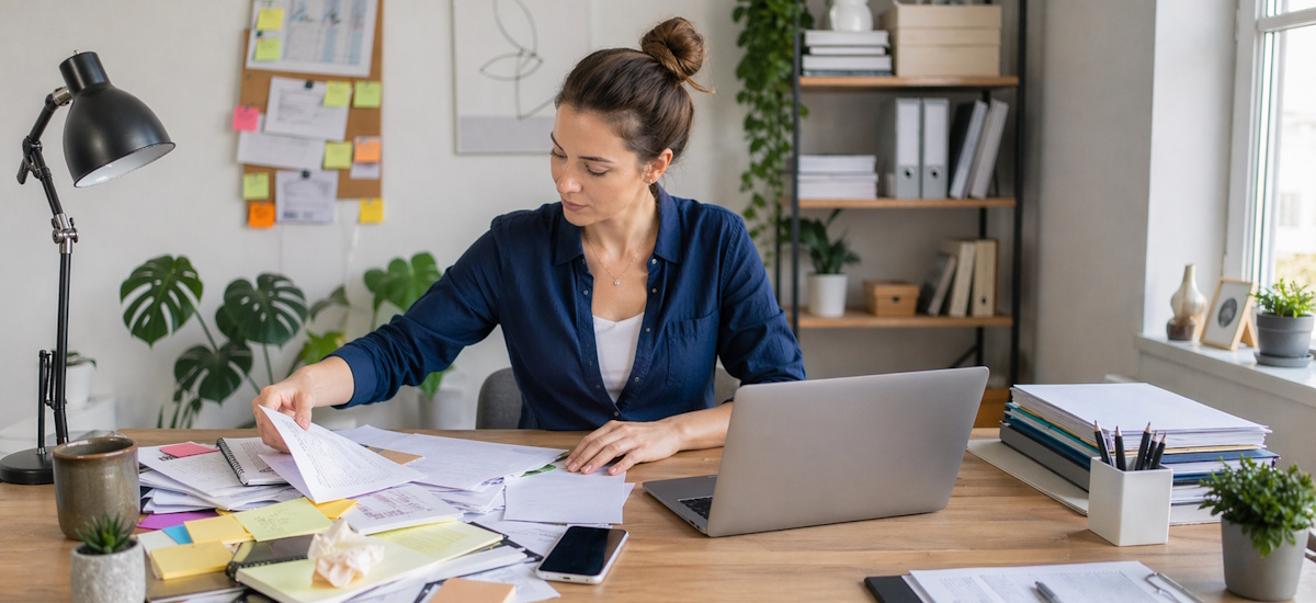 Selbstständige sortiert Unterlagen und organisiert ihren Arbeitsplatz für mehr Struktur im Büro