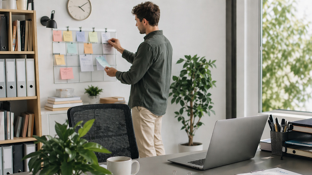Von Chaos zu Struktur – Wie Selbstständige ihre Arbeit besser organisieren_TB Selbstständiger plant Aufgaben an einer Notizwand und schafft klare Struktur im Arbeitsalltag
