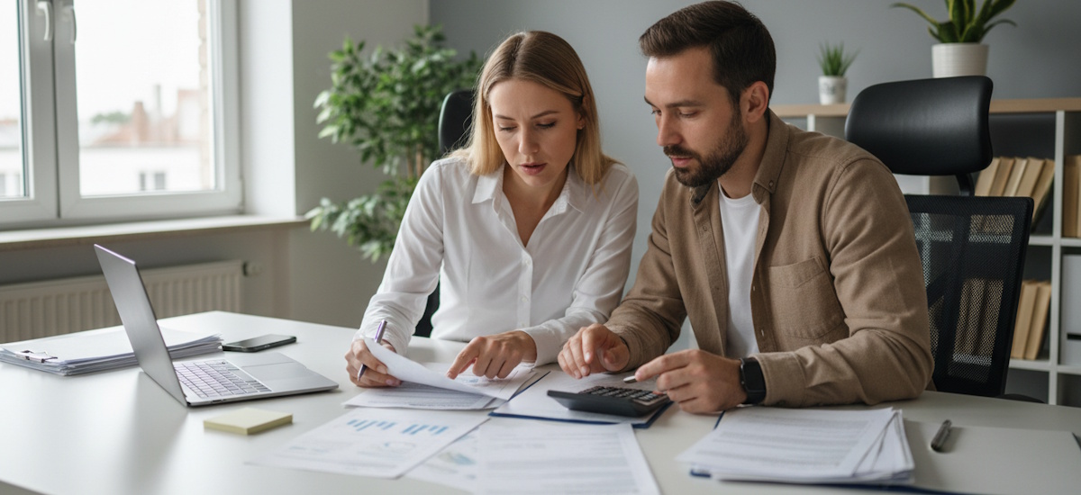 Zwei Gründer prüfen gemeinsam Unterlagen und Umsatzgrenzen mit Taschenrechner im Büro.