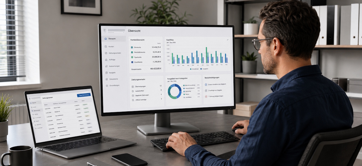 Mann arbeitet an einem Büroarbeitsplatz mit Monitor und Laptop, auf denen eine Banksoftware mit Finanzübersichten angezeigt wird.