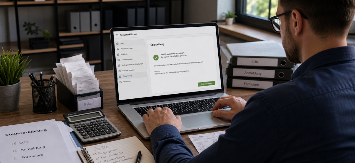 Kleinunternehmen Steuererklärung ELSTER 2026 mit digitaler Prüfung von Angaben, Belegen und EÜR am Laptop.