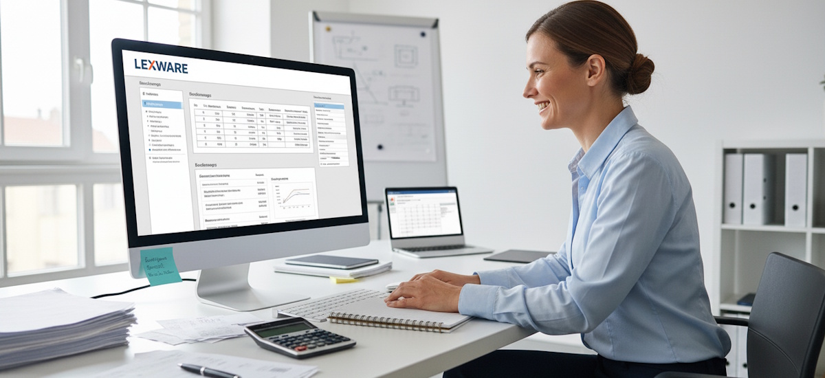 Lexware Buchhaltung auf großem Monitor – Unternehmerin arbeitet in modernem Büro an Finanzunterlagen