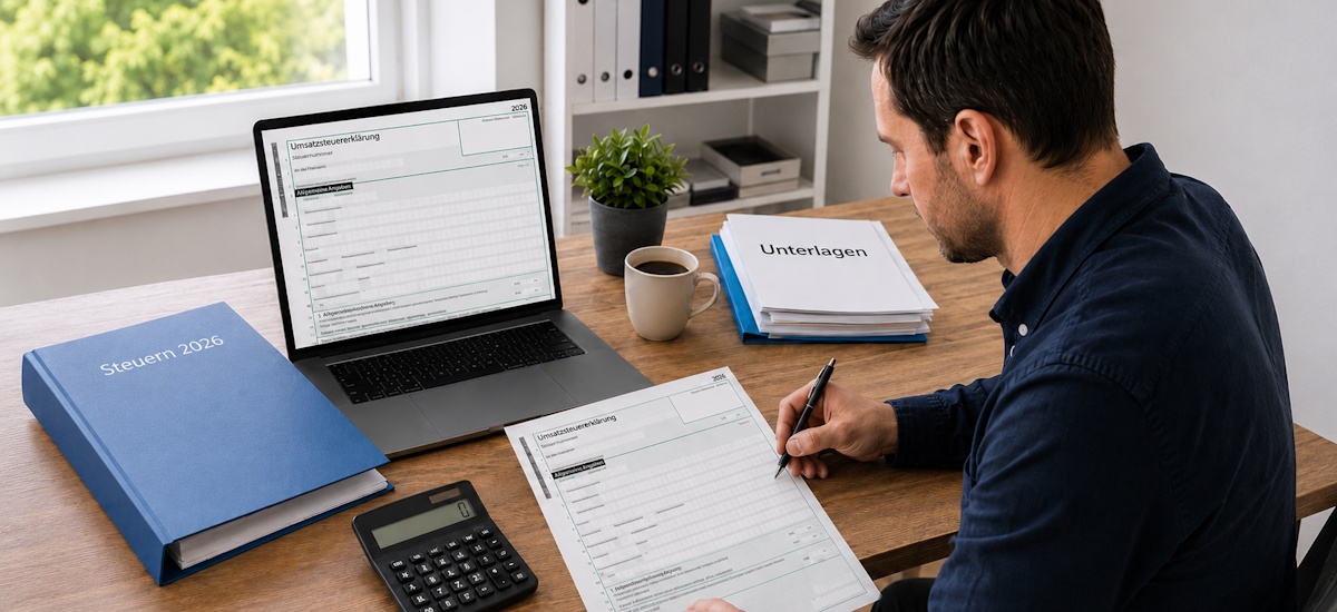 Kleinunternehmer arbeitet an einer Umsatzsteuererklärung mit Formular, Laptop und Steuerunterlagen am Schreibtisch.