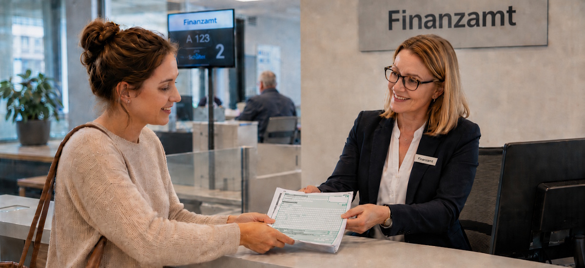 Frau übergibt im Finanzamt ein Formular an eine Mitarbeiterin am Empfangsschalter.