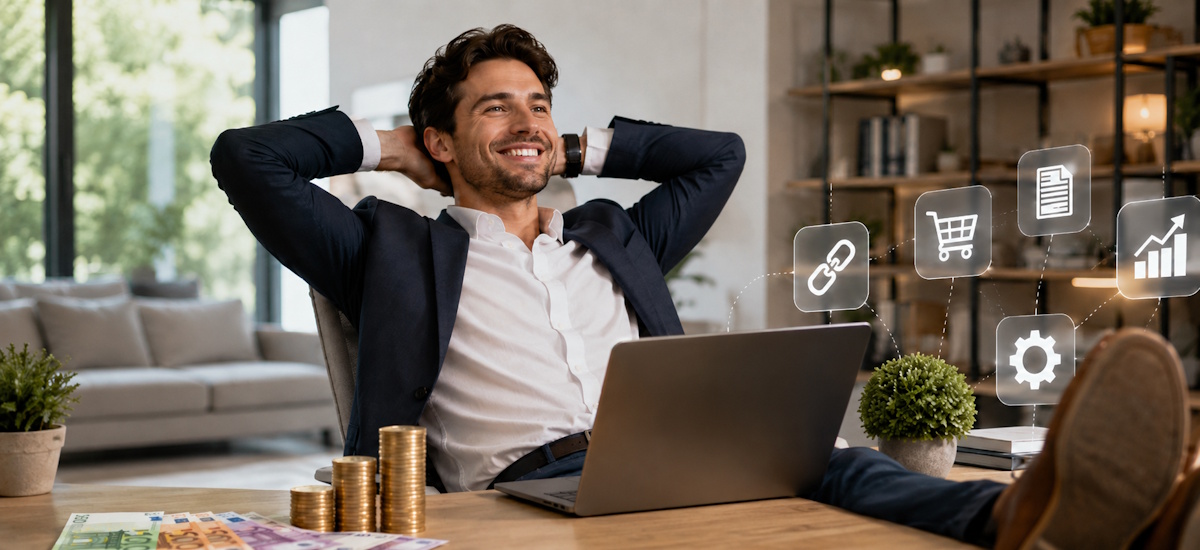 Mann entspannt am Laptop mit Euro-Scheinen, Münzen und digitalen Symbolen für Wege passives Einkommen zu generieren