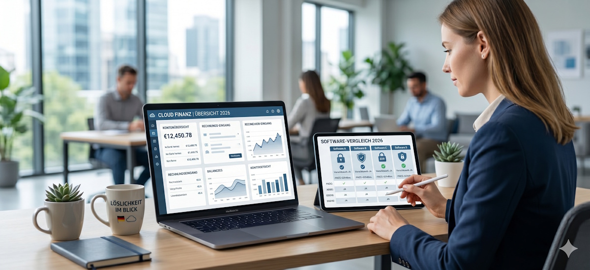 Buchhaltung Cloud mit digitalen Finanzprozessen auf Laptop und Tablet