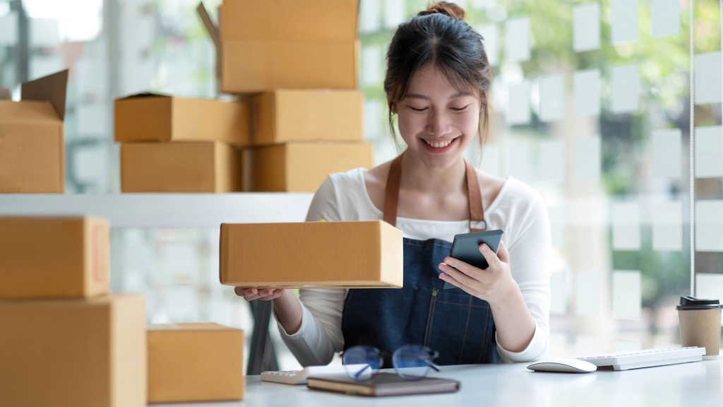 E-Commerce-Händlerin prüft Online-Bestellungen nach Google Ads Kampagne