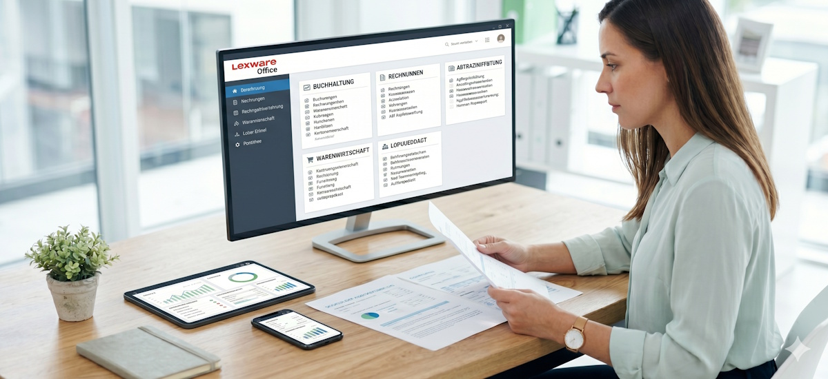 Lexware financial office mit Buchhaltung und Rechnungen auf Desktop und Tablet