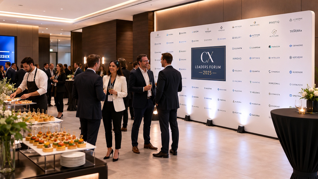 Geschäftsleute unterhalten sich vor einer professionellen Sponsorenwand in einer Eventlocation mit Catering.