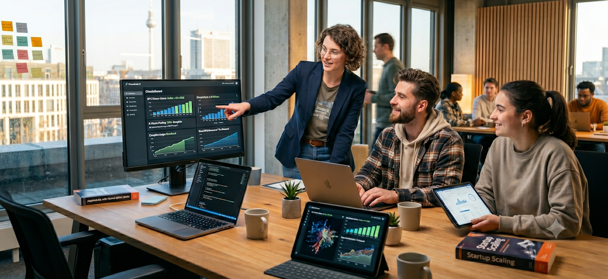 Junges Startup-Team in Berlin analysiert Cloud-GPU-Rechenleistung und KI-Modelle auf Dashboards bei Tageslicht.