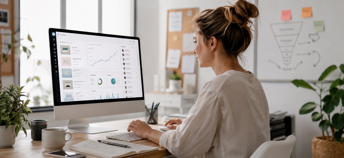 E-Mail-Marketing für Selbstständige mit Newsletter-Dashboard am Computer