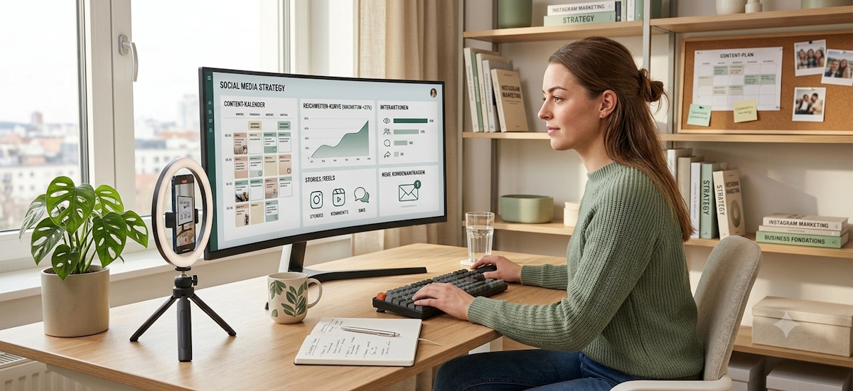 Instagram Marketing für Selbstständige: Eine Frau arbeitet im hellen Homeoffice mit Social-Media-Dashboard und Smartphone mit Ringlicht am Schreibtisch.