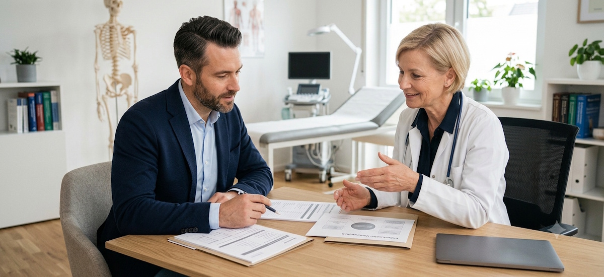 Selbstständiger im Beratungsgespräch mit einer Ärztin zur Krankenversicherung
