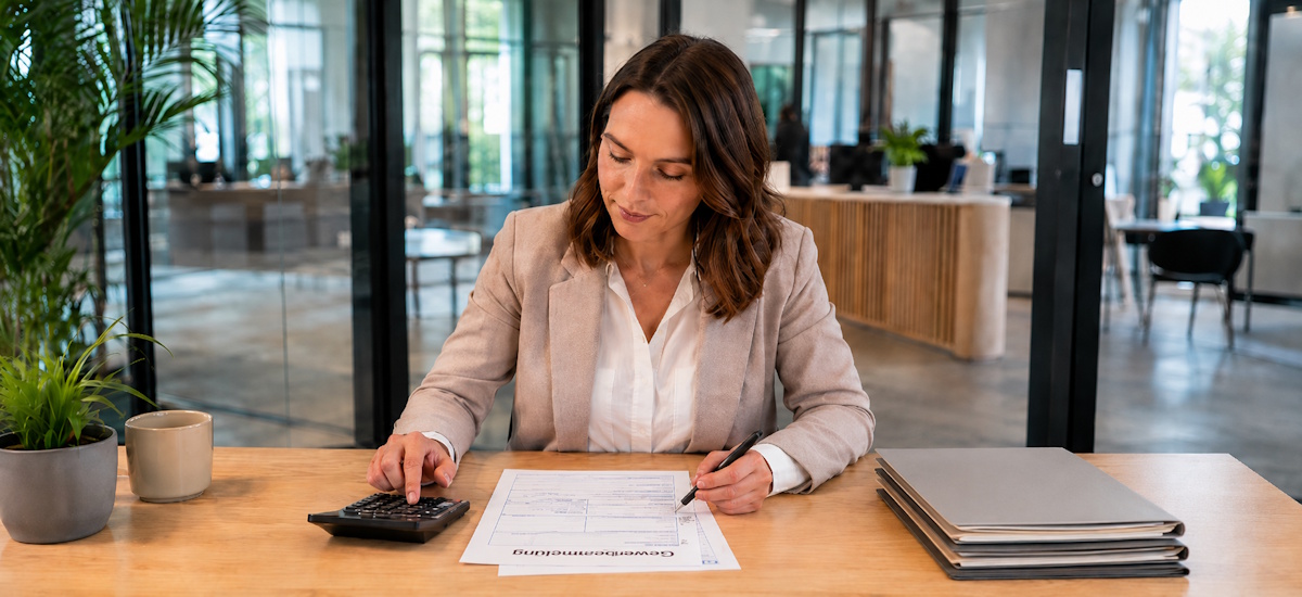 Unternehmerin prüft Gewerbeanmeldung und Kosten mit Taschenrechner und Firmenunterlagen im Büro.
