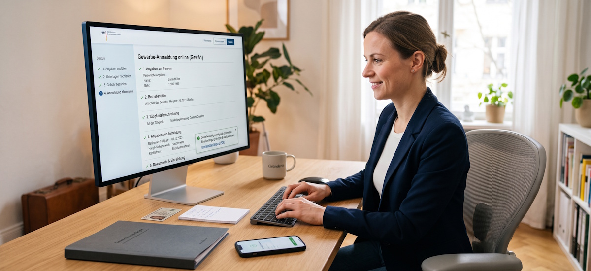 Unternehmerin am Computer beim Gewerbe online anmelden über ein digitales Formular.