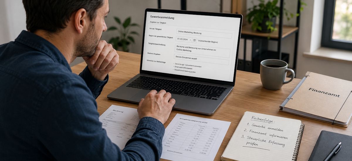 Selbstständiger bearbeitet am Laptop die rückwirkende Gewerbeanmeldung mit Unterlagen und Finanzamt-Mappe.