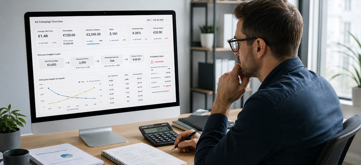 Unternehmer analysiert Google Ads Kosten, Klickpreise und Werbebudget auf einem großen Monitor.