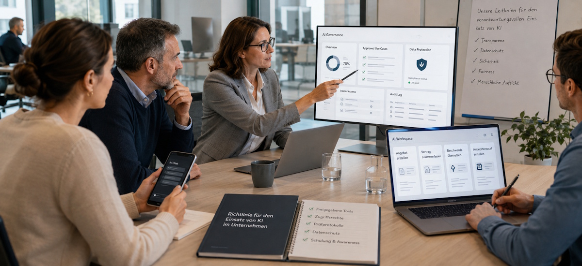 Team bespricht Regeln, Datenschutz und Governance für eine sichere KI-Nutzung im Unternehmen.