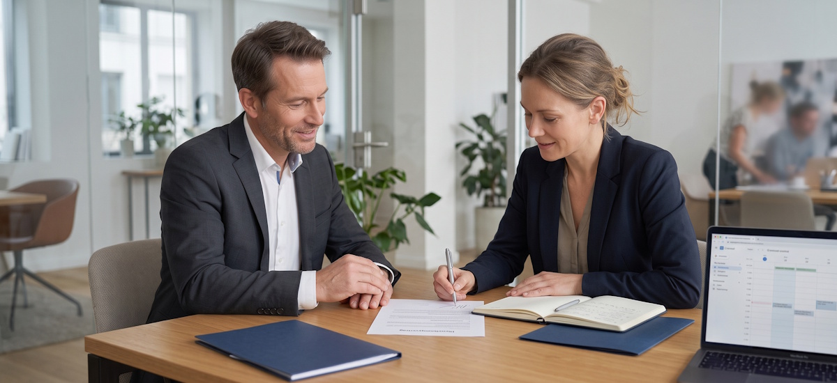 Dienstleistungsvertrag Muster: Frau unterzeichnet ein Dokument im Beisein eines Mannes an einem Besprechungstisch.