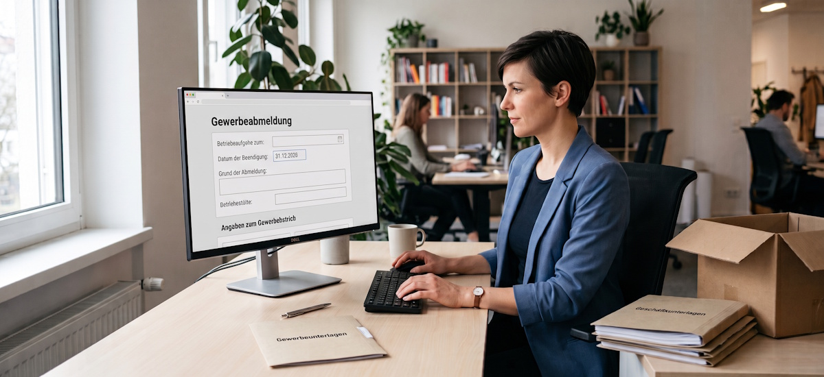 Unternehmerin meldet ihr Gewerbe ab und füllt die Gewerbeabmeldung am Computer aus.