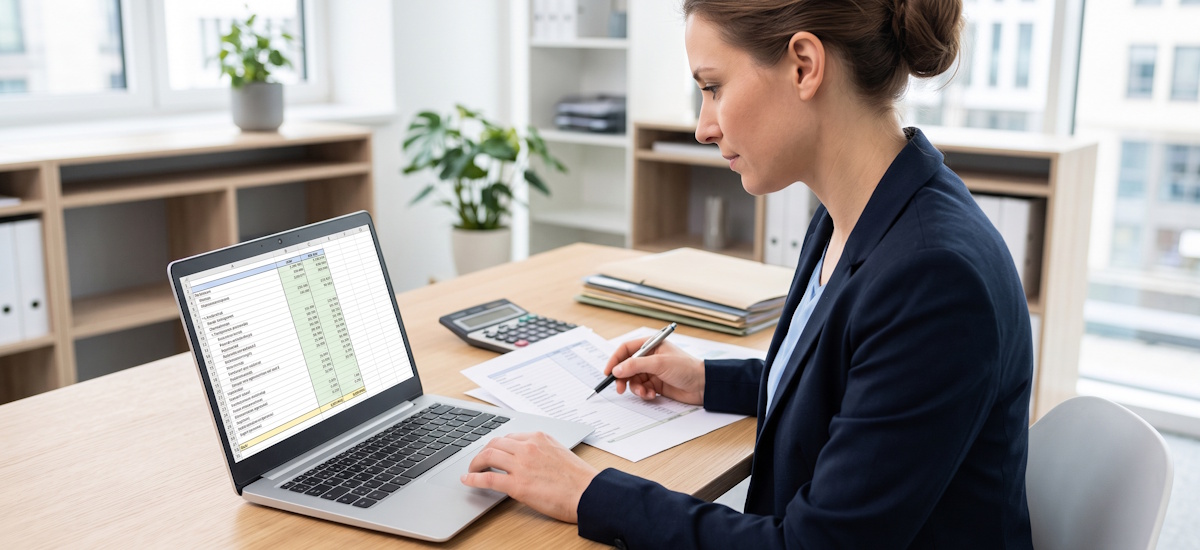 GuV erstellen: Frau gleicht eine Tabelle am Laptop mit ausgedruckten Finanzunterlagen ab.