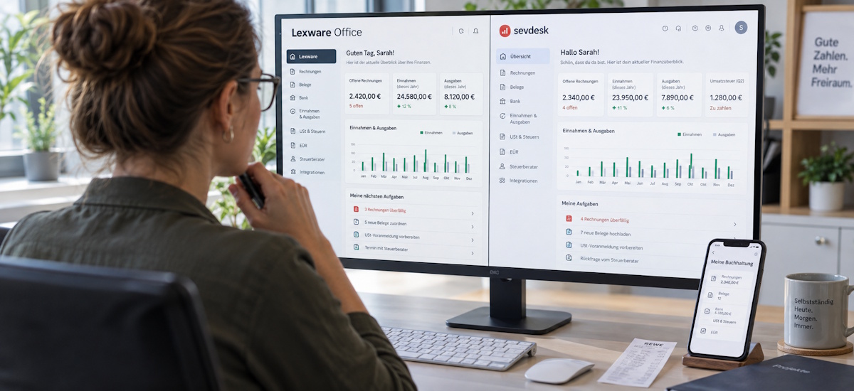 Lexoffice vs. sevdesk im Vergleich – Selbstständige vergleicht zwei Buchhaltungssoftwares am Bildschirm.