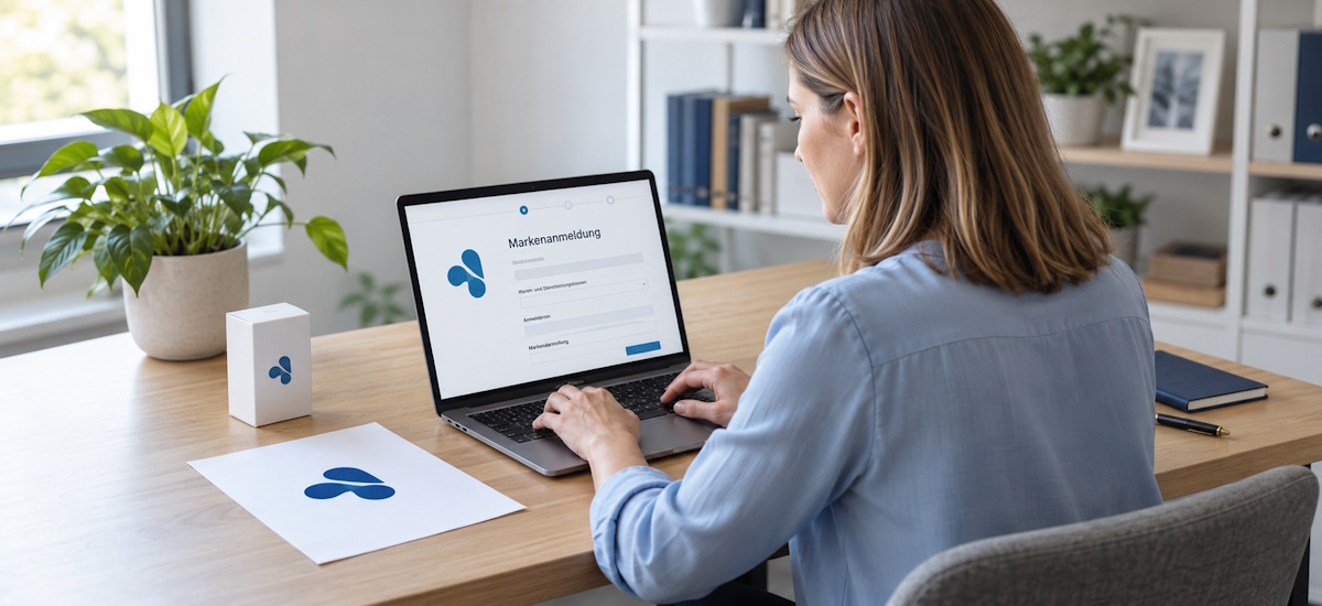 Marke anmelden: Gründerin bearbeitet eine Markenanmeldung am Laptop neben einem Logoentwurf und einer Produktverpackung.