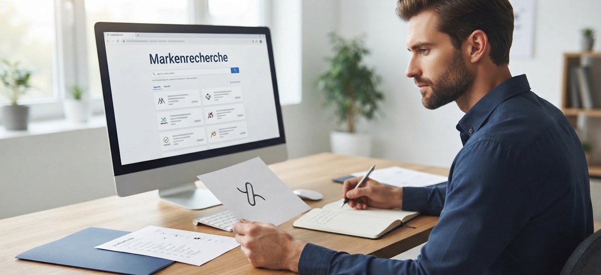 Markenrecherche: Unternehmer vergleicht einen Logoentwurf mit Suchergebnissen am Monitor und macht Notizen.