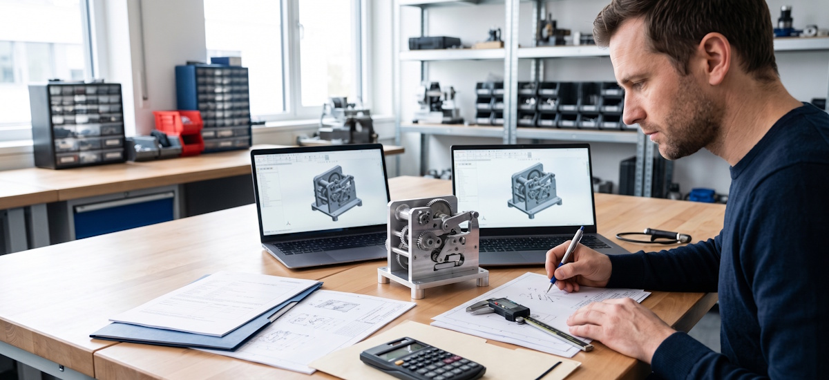 Patent anmelden: Erfinder bearbeitet technische Zeichnungen neben einem mechanischen Prototyp und Laptops mit CAD-Ansichten.