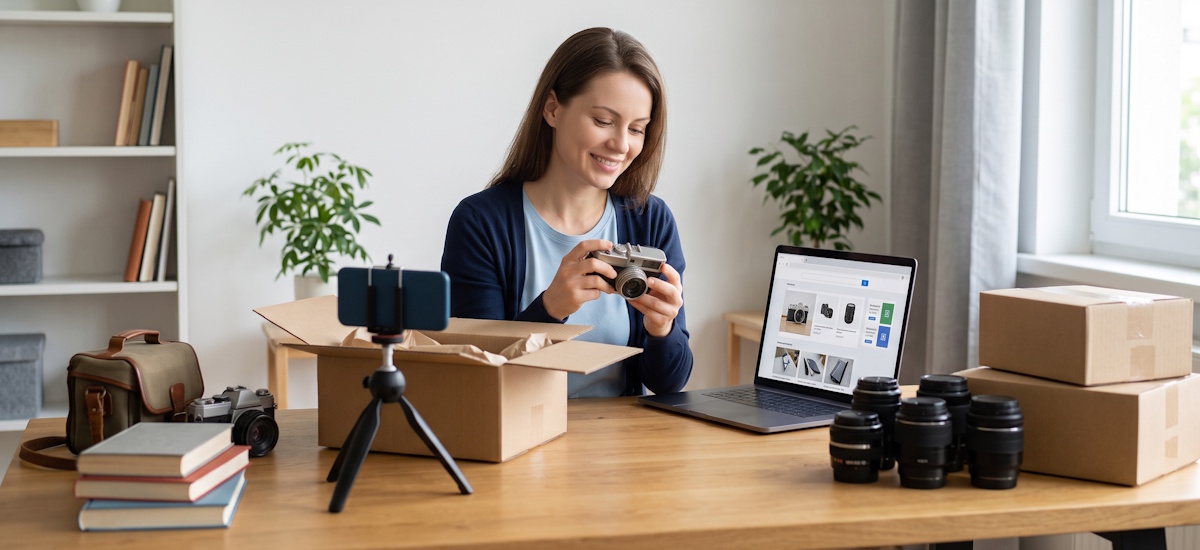 Frau bereitet eine Kamera für den Verkauf auf eBay Kleinanzeigen vor, neben Laptop, Objektiven und Versandkartons.