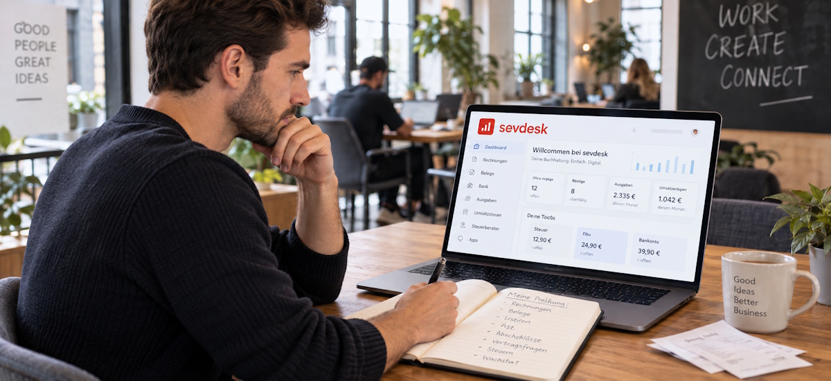 Selbstständiger prüft sevdesk Erfahrungen 2026 zu Kosten, Funktionen und Grenzen in einem modernen Coworking Space.