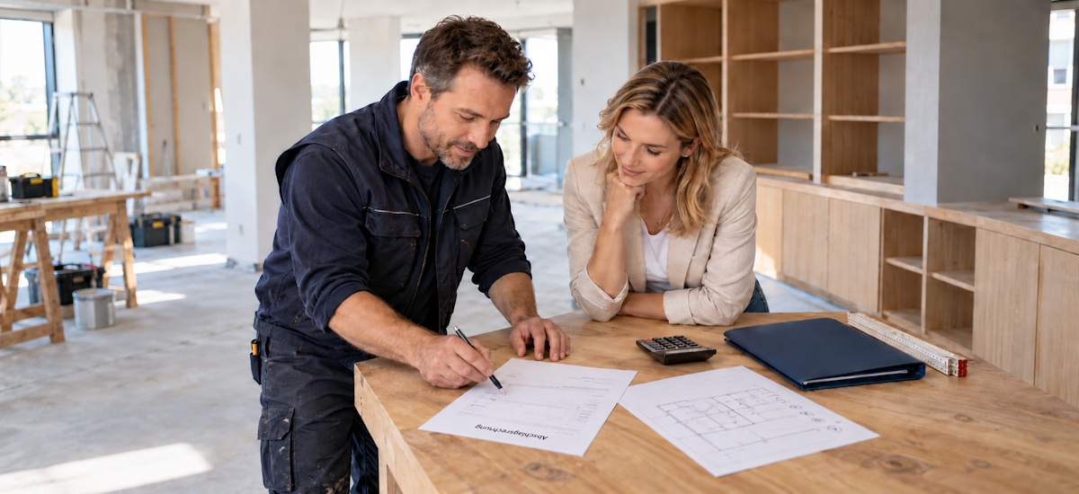 Abschlagszahlung: Handwerker und Auftraggeberin prüfen eine Abschlagsrechnung und einen Projektplan beim Innenausbau.