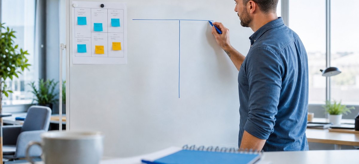 Buchungssatz bilden: Hand zeichnet ein T-Konto mit Soll und Haben auf ein Whiteboard