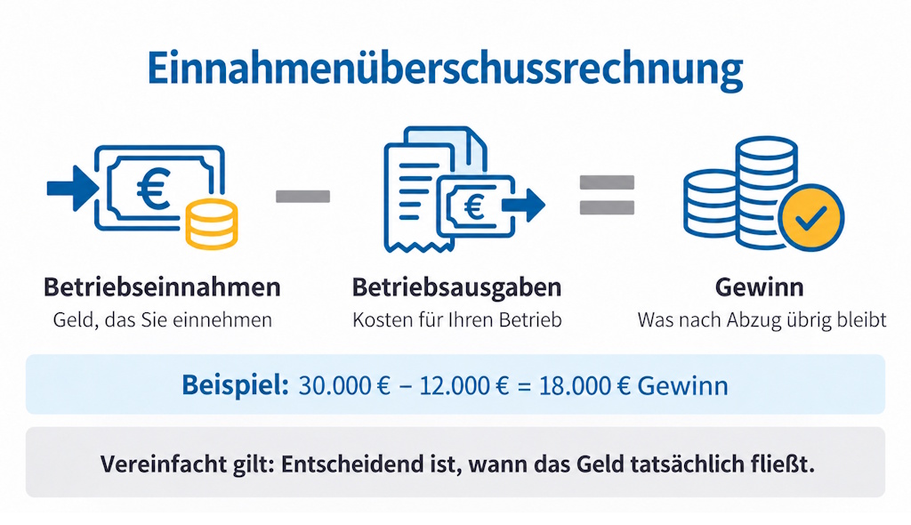 Einnahmenüberschussrechnung Einnahmenüberschussrechnung: Betriebseinnahmen minus Betriebsausgaben ergeben den Gewinn – mit Rechenbeispiel.